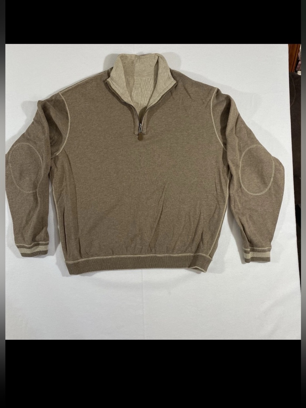Cremieux Men's Reversible Pullover Taupe Half-Zip Sweater with Elbow Patches